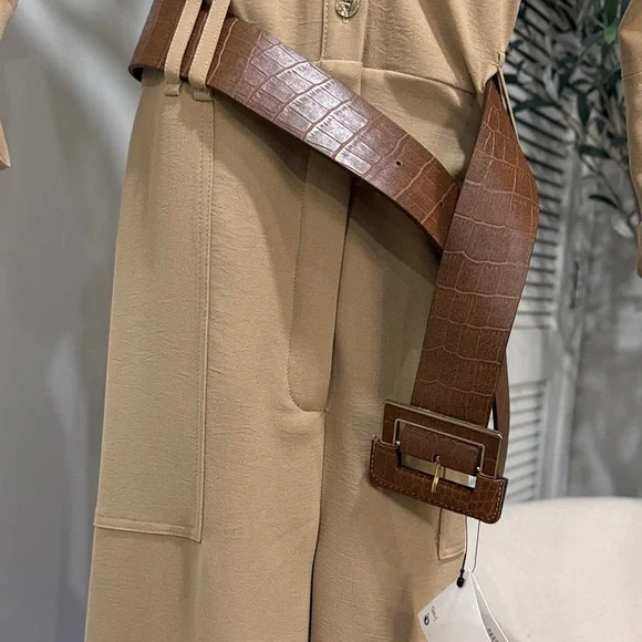 Zara Tan Wide Straight Leg Jumpsuit with Brown Croc Belt - Picture 7 of 10